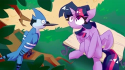 Size: 4096x2301 | Tagged: safe, artist:nekosnicker, character:twilight sparkle, character:twilight sparkle (alicorn), species:alicorn, species:bird, species:pony, g4, bench, blue jay, chest fluff, crossover, eye clipping through hair, mordecai, not shipping, regular show, sitting, tree branch, wings