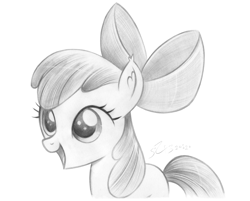 Size: 3064x2468 | Tagged: safe, artist:flutterstormreturns, character:apple bloom, species:earth pony, species:pony, g4, adorabloom, apple family member, cute, female, filly, monochrome, open mouth, open smile, signature, simple background, smiling, solo, three quarter view, traditional art, white background, young