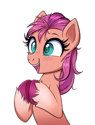 Size: 2456x3224 | Tagged: safe, artist:confetticakez, character:sunny starscout, species:earth pony, species:pony, g5, blushing, female, hooves together, mare, simple background, solo, unshorn fetlocks, white background