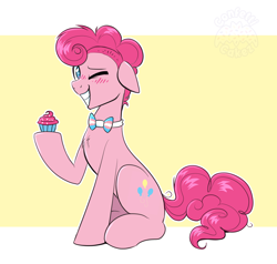 Size: 4450x4234 | Tagged: safe, artist:confetticakez, character:pinkie pie, species:earth pony, species:pony, g4, alternate design, bow tie, bubble berry, cupcake, cute, food, grin, holding, male, mohawk, one eye closed, pride, pride flag, rule 63, simple background, sitting, smiling, solo, stallion, transgender
