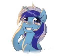 Size: 1145x1028 | Tagged: safe, artist:ghoasthead, character:minuette, species:pony, species:unicorn, g4, blushing, bust, colored eyebrows, colored eyelashes, cute, female, hoof on cheek, looking at you, mare, minubetes, simple background, smiling, smiling at you, solo, white background