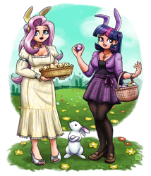 Size: 2100x2450 | Tagged: safe, artist:king-kakapo, character:angel bunny, character:fluttershy, character:twilight sparkle, species:chicken, species:human, species:rabbit, g4, basket, bunny ears, clothing, cute, dress, easter, easter egg, flower, grass, high heels, holiday, humanized, jacket, jewelry, necklace, pantyhose, questionable source, shirt, shoes, shyabetes, skirt, species swap