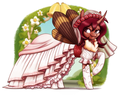 Size: 2500x1955 | Tagged: safe, artist:king-kakapo, oc, oc only, oc:red flux, species:changeling, species:mothpony, species:pony, g4, bell, bustle, clothing, commission, dress, female, horn, looking back, original species, red changeling, smiling, solo, stockings, suggestive source, thigh highs, transparent background, veil, wedding dress, wings