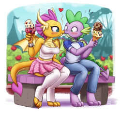 Size: 2500x2350 | Tagged: safe, artist:king-kakapo, character:smolder, character:spike, species:anthro, species:dragon, ship:spolder, g4, bench, blushing, bracelet, clothing, cute, duo, duo male and female, female, floating heart, food, heart, ice cream, ice cream cone, jewelry, kissing, male, pants, questionable source, shirt, skirt, smolderbetes, spikabetes, stockings, straight, tank top, thigh highs, winged spike, wings