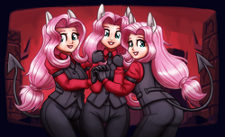 Size: 2800x1705 | Tagged: safe, artist:king-kakapo, character:fluttershy, species:human, g4, cerberus (helltaker), clothing, commission, cosplay, costume, demon, female, gloves, helltaker, humanized, makeup, pants, ponytail, questionable source, shirt, smiling, species swap, trio, trio female, vest