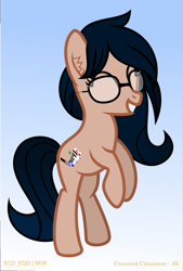 Size: 1685x2488 | Tagged: safe, artist:s-class-destroyer, oc, oc only, oc:crescend cinnamon, species:earth pony, species:pony, g4, blue background, digital art, eyes closed, female, glasses, happy, simple background, solo, solo female, vector