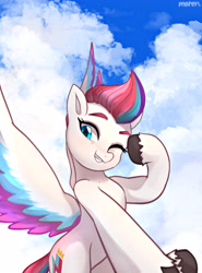 Size: 2852x3844 | Tagged: safe, artist:maren, character:zipp storm, species:pegasus, species:pony, g5, cloud, female, mare, one eye closed, sky, smiling, solo, solo female, wings, wink