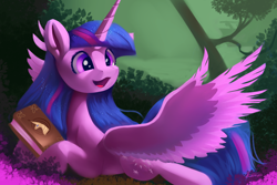 Size: 4200x2800 | Tagged: safe, artist:auroriia, character:twilight sparkle, character:twilight sparkle (alicorn), species:alicorn, species:pony, g4, book, book of harmony, cutie mark, female, horn, mare, older, older twilight, open mouth, princess twilight 2.0, smiling, solo, spread wings, tree, wings