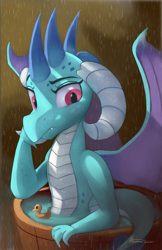 Size: 2400x3697 | Tagged: safe, artist:auroriia, character:princess ember, species:dragon, g4, bath, bucket, cute, dragoness, emberbetes, female, frown, rain, rubber duck, solo, tail, toy, water, wings