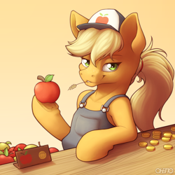 Size: 2000x2000 | Tagged: safe, artist:ohemo, character:applejack, species:earth pony, species:pony, g4, apple, clothing, coin, female, food, lidded eyes, looking at you, money, overalls, smiling, smiling at you, solo
