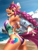 Size: 4500x6000 | Tagged: safe, artist:mykegreywolf, character:sunny starscout, species:anthro, species:earth pony, g5, beach, braided ponytail, butt, clothing, cute, female, looking at you, mare, ocean, one-piece swimsuit, open mouth, open smile, open-back swimsuit, outdoors, smiling, solo, sunny starbutt, sunnybetes