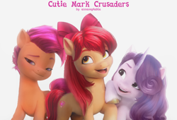 Size: 1416x965 | Tagged: safe, artist:annaxeptable, edit, character:apple bloom, character:scootaloo, character:sweetie belle, species:earth pony, species:pony, species:unicorn, g4, g5, apple family member, bow, cutie mark crusaders, female, g4 to g5, g5 movie accurate, hair bow, looking at you, open mouth, simple background, text, trio, unshorn fetlocks, white background