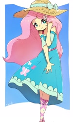 Size: 2120x3532 | Tagged: safe, artist:nendo, character:fluttershy, species:human, g4, my little pony:equestria girls, abstract background, blushing, breasts, busty fluttershy, butterfly hairpin, clothing, cute, daaaaaaaaaaaw, dress, female, hat, looking at you, shy, shyabetes, signature, simple background, smiling, smiling at you, solo, sweat, sweatdrops
