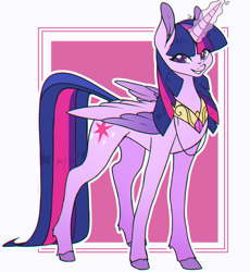 Size: 1934x2104 | Tagged: safe, artist:umi_mizunone, character:twilight sparkle, character:twilight sparkle (alicorn), species:alicorn, species:pony, g4, abstract background, chromatic aberration, colored hooves, colored wings, eye clipping through hair, female, glowing horn, hooves, horn, jewelry, looking at you, magic, mare, multicolored wings, necklace, simple background, smiling, solo, wings