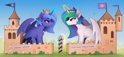 Size: 2900x1350 | Tagged: safe, artist:yakovlev-vad, character:princess celestia, character:princess luna, species:alicorn, species:pony, g4, cardboard, castle, chest fluff, crown, duo, female, glowing horn, horn, jewelry, magic, paper crown, pouting, pouty lips, profile, regalia, royal sisters, s1 luna, scrunchy face, sibling rivalry, siblings, sisters, sitting, telekinesis, wings
