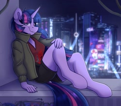 Size: 2000x1750 | Tagged: safe, artist:shadowreindeer, character:twilight sparkle, species:anthro, species:unguligrade anthro, g4, city, clothing, cyberpunk, dock, eye clipping through hair, female, graffiti, hand on knee, jacket, looking at you, night, shorts, sitting, smiling, smiling at you, solo, three quarter view