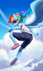 Size: 1500x2501 | Tagged: safe, artist:mrscroup, character:rainbow dash, species:anthro, species:pegasus, species:plantigrade anthro, g4, alternate hairstyle, bandage, blushing, clothing, cloud, female, flying, hair tie, looking back, ponytail, profile, shoes, sky, sneakers, solo, younger
