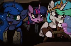 Size: 1792x1164 | Tagged: safe, artist:marsminer, character:princess celestia, character:princess luna, character:twilight sparkle, species:alicorn, species:pony, g4, car, car interior, clothing, driving, female, meme, night at the roxbury, open mouth, ponified, ponified meme, trio, what is love, wings