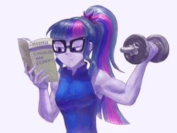 Size: 1024x768 | Tagged: safe, artist:raikoh, character:twilight sparkle, character:twilight sparkle (scitwi), species:eqg human, g4, my little pony:equestria girls, book, clothing, glasses, lavender background, muscles, ponytail, reading, shirt, simple background, sleeveless, sleeveless shirt, solo, that girl sure does love books, that pony sure does love books, twilight muscle, weight lifting