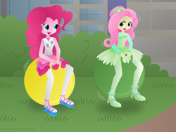 Size: 2816x2112 | Tagged: safe, artist:lavenderrain24, character:fluttershy, character:pinkie pie, species:eqg human, g4, my little pony:equestria girls, female, geode of fauna, geode of sugar bombs, magical geodes, open mouth, space hopper