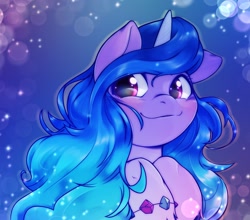 Size: 1896x1668 | Tagged: safe, artist:kurogewapony, character:izzy moonbow, species:pony, species:unicorn, g5, abstract background, blushing, bracelet, cute, female, females only, gradient hair, izzybetes, jewelry, mare, solo