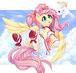 Size: 1600x1539 | Tagged: safe, artist:dstears, character:angel bunny, character:fluttershy, species:pegasus, species:pony, species:rabbit, g4, animal, anime, clothing, cosplay, costume, dress, flying, hoof shoes, kyubey, madoka kaname, magical girl, open mouth, puella magi madoka magica, shoes, smiling, solo, spread wings, technically an upskirt shot, wings