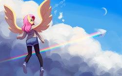 Size: 2000x1247 | Tagged: safe, artist:mrscroup, character:fluttershy, character:rainbow dash, species:anthro, species:pegasus, species:plantigrade anthro, g4, clothing, cloud, crescent moon, flying, leggings, moon, shorts, sky, sonic rainboom, spread wings, tights, wings
