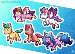 Size: 1024x732 | Tagged: safe, artist:inuhoshi-to-darkpen, character:hitch trailblazer, character:izzy moonbow, character:pipp petals, character:sunny starscout, character:zipp storm, species:earth pony, species:pegasus, species:pony, species:unicorn, g5, chibi, coat markings, colored wings, mane g5, socks (coat marking), unshorn fetlocks, wings