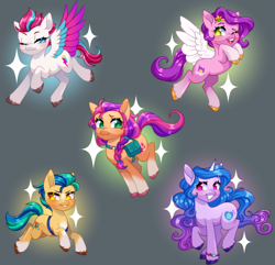 Size: 4640x4480 | Tagged: safe, artist:ohhoneybee, character:hitch trailblazer, character:izzy moonbow, character:pipp petals, character:sunny starscout, character:zipp storm, species:earth pony, species:pegasus, species:pony, species:unicorn, g5, bag, bandolier, bracelet, braid, coat markings, colored wings, jewelry, mane g5, one eye closed, socks (coat marking), sparkles, unshorn fetlocks, wings, wink