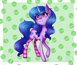 Size: 2048x1724 | Tagged: safe, artist:cloudberry_mess, character:izzy moonbow, species:pony, species:unicorn, g5, abstract background, ball, clothing, female, gradient hair, green background, mare, simple background, socks, solo, tennis ball, toy