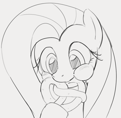 Size: 836x816 | Tagged: safe, artist:dotkwa, character:fluttershy, species:pegasus, species:pony, g4, aweeg*, blushing, bust, cute, eating, female, food, gray background, grayscale, mare, monochrome, pretzel, puffy cheeks, shyabetes, simple background, sketch, solo