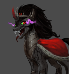 Size: 4121x4453 | Tagged: safe, artist:misstwipietwins, character:king sombra, species:pony, species:umbrum, species:unicorn, g4, cape, clothing, colored horn, curved horn, fangs, glowing eyes, gray background, high res, horn, male, open mouth, sharp teeth, simple background, slit eyes, smiling, solo, sombra eyes, sombra horn, stallion, teeth, tongue out