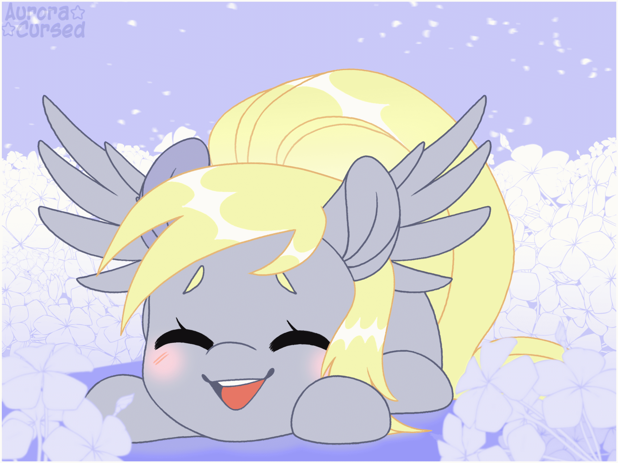 Size: 2000x1499 | Tagged: safe, artist:auroracursed, character:derpy hooves, species:pegasus, species:pony, g4, animated, blushing, cute, derpabetes, eyes closed, female, flower, gif, happy, lying down, mare, open mouth, open smile, prone, smiling, solo, spread wings, wings