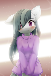 Size: 1600x2400 | Tagged: safe, artist:symbianl, character:marble pie, species:anthro, species:earth pony, g4, abstract background, anxious, blushing, cheek fluff, clothing, cute, ear fluff, eyebrows, female, floppy ears, hair over one eye, looking at you, marblebetes, mare, neck fluff, one ear down, signature, solo