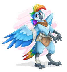 Size: 1024x1097 | Tagged: safe, artist:luximus17, character:rainbow dash, species:anthro, species:bird, g4, aarakocra, abstract background, bandage, birdified, clothing, crossover, dungeons and dragons, female, monk, pen and paper rpg, rpg, simple background, solo, species swap