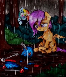 Size: 2115x2455 | Tagged: safe, artist:liaaqila, character:rainbow dash, character:scootaloo, species:pegasus, species:pony, g4, broken, commission, crying, damaged wings, duo, eye clipping through hair, female, filly, forest, hurting, mare, mud, rain, scared, scootasad, scooter, sitting, spread wings, wet mane, wings, young