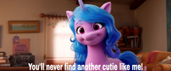 Size: 2400x1005 | Tagged: safe, edit, edited screencap, screencap, character:izzy moonbow, species:pony, species:unicorn, g5, my little pony: a new generation, book, boombox, couch, curtains, female, gradient hair, mare, meme, solo, text, window
