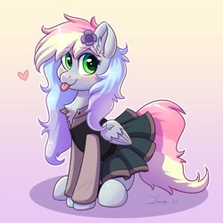Size: 2480x2480 | Tagged: safe, artist:dandy, oc, oc only, species:pegasus, species:pony, g4, birthday gift, blep, blushing, clothing, cute, female, floating heart, gift art, heart, looking at you, mare, multicolored hair, ocbetes, shirt, simple background, skirt, solo, tongue out, wings