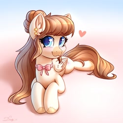 Size: 2480x2480 | Tagged: safe, artist:dandy, oc, oc only, oc:strawberry milk, species:pegasus, species:pony, g4, bow, cutie mark, female, floating heart, heart, high res, looking at you, mare, ribbon, simple background, smiling, solo, wings