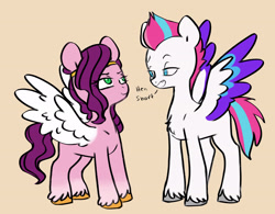 Size: 3011x2345 | Tagged: safe, artist:chub-wub, character:pipp petals, character:zipp storm, species:pegasus, species:pony, g5, chest fluff, dialogue, duo, female, lidded eyes, looking at each other, mare, pipp wings, siblings, simple background, sisters, smiling, spread wings, text, wings