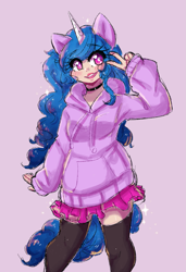 Size: 1127x1650 | Tagged: safe, artist:midoriya_shouto, character:izzy moonbow, species:human, species:unicorn, g5, clothing, cute, gradient hair, hoodie, horn, horned humanization, humanized, socks, solo, species swap, thigh highs