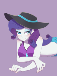 Size: 1620x2160 | Tagged: safe, artist:haibaratomoe, character:rarity, species:eqg human, equestria girls:forgotten friendship, g4, my little pony: equestria girls, my little pony:equestria girls, bikini, blushing, breasts, busty rarity, clothing, eye clipping through hair, eyebrows, eyebrows visible through hair, female, hat, looking at you, purple background, simple background, smiling, smiling at you, solo, sun hat, swimsuit