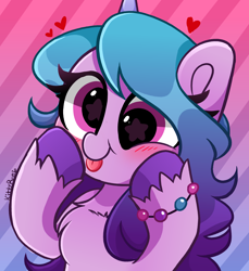 Size: 4000x4368 | Tagged: safe, artist:kittyrosie, character:izzy moonbow, species:pony, species:unicorn, g5, blep, blushing, bracelet, cheek squish, chest fluff, cute, female, gradient background, gradient hair, heart, izzybetes, jewelry, mare, silly, silly face, silly pony, solo, squishy cheeks, starry eyes, striped background, tongue out, wingding eyes