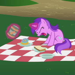 Size: 1021x1021 | Tagged: safe, screencap, character:amethyst star, character:sparkler, species:pony, species:unicorn, episode:the mysterious mare do well, g4, my little pony: friendship is magic, angry, book, bread, donut, female, filter, food, magic, magic aura, meme, open mouth, peanut butter, reaction image, screaming, solo, wake me up inside, yelling