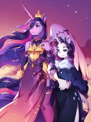 Size: 3000x4000 | Tagged: safe, artist:frogbians, character:rarity, character:twilight sparkle, character:twilight sparkle (alicorn), species:alicorn, species:anthro, species:unicorn, ship:rarilight, episode:the last problem, g4, my little pony: friendship is magic, armor, beautiful, bracer, breastplate, clothing, crown, dress, evening gloves, female, gloves, height difference, horn, jewelry, lesbian, long gloves, long horn, older, older rarity, older twilight, princess twilight 2.0, regalia, shipping, socks, stockings, thigh highs, twilight (astronomy)
