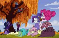 Size: 1280x822 | Tagged: safe, artist:bevin brand, character:applejack, character:fluttershy, character:pinkie pie, character:rainbow dash, character:rarity, character:sunset shimmer, character:twilight sparkle, character:twilight sparkle (scitwi), species:eqg human, fanfic:empathy for the devil, g4, my little pony:equestria girls, candy, cloud, food, grass, humane seven, lollipop, lying down, lying on top of someone, official fan art, sitting, sitting in a tree, stretching, tree, watermark