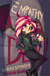 Size: 1272x1920 | Tagged: safe, artist:bevin brand, character:sunset shimmer, species:eqg human, fanfic:empathy for the devil, g4, my little pony:equestria girls, cover art, graffiti, official fan art, solo, text, watermark