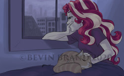 Size: 1280x785 | Tagged: safe, artist:bevin brand, character:sunset shimmer, oc, oc:scruffles the cat, species:eqg human, fanfic:empathy for the devil, g4, my little pony:equestria girls, looking out the window, official fan art, rain, sitting, watermark, window