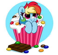 Size: 4600x4376 | Tagged: safe, artist:kittyrosie, character:rainbow dash, species:pegasus, species:pony, g4, abstract background, chocolate, cupcake, cute, dashabetes, female, food, heart eyes, hnnng, kittyrosie is trying to murder us, m&m's, mare, ponies in food, simple background, smiling, solo, sprinkles, weapons-grade cute, whipped cream, wingding eyes