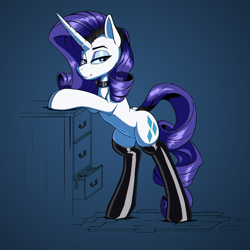 Size: 2000x2000 | Tagged: safe, artist:kirasunnight, character:rarity, species:pony, species:unicorn, g4, bedroom eyes, blue background, clothing, collar, eyebrows, eyeshadow, female, heart eyes, latex stockings, lidded eyes, looking at you, makeup, mare, simple background, socks, solo, stockings, thigh highs, three quarter view, wingding eyes